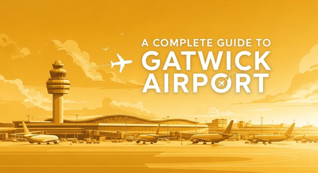 Illustration of Gatwick Airport with control tower and planes on the runway, accompanied by the text 'A Complete Guide to Gatwick Airport'.