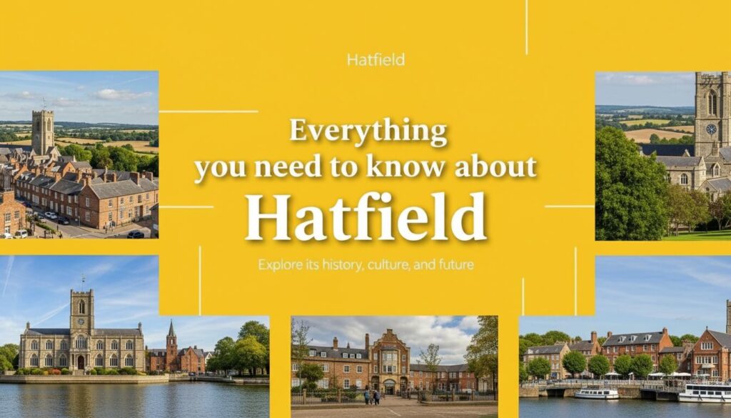 Collage of Hatfield town featuring historic buildings churches and streets with text everything you need to know about Hatfield
