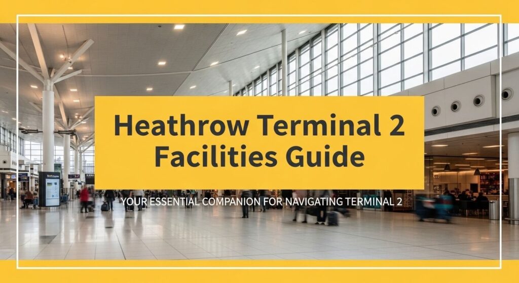 Heathrow Terminal 2 interior with passengers walking and facilities guide banner showing airport services lounges shops and navigation information