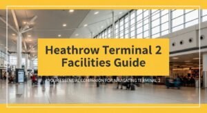 Heathrow Terminal 2 interior with passengers walking and facilities guide banner showing airport services lounges shops and navigation information