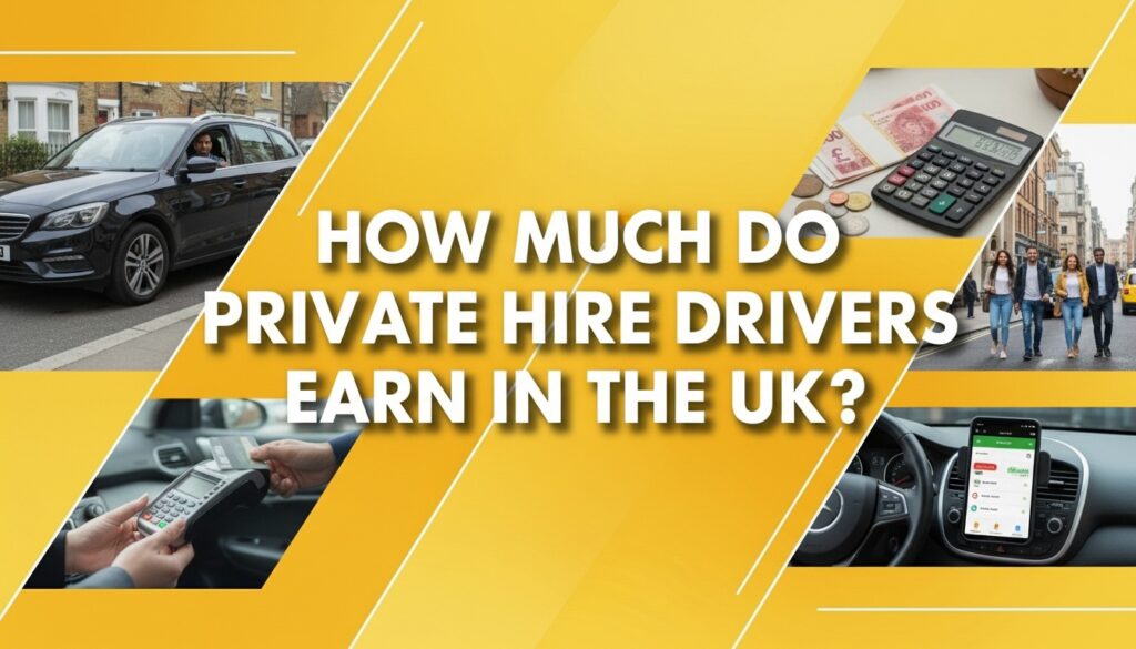 Private hire driver in the UK with car, payment machine and earnings concept showing how much drivers earn in the UK