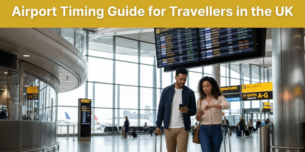 Travellers checking airport departure times in UK terminal.