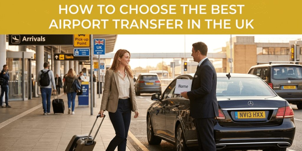 Passenger meeting airport transfer driver outside UK terminal.