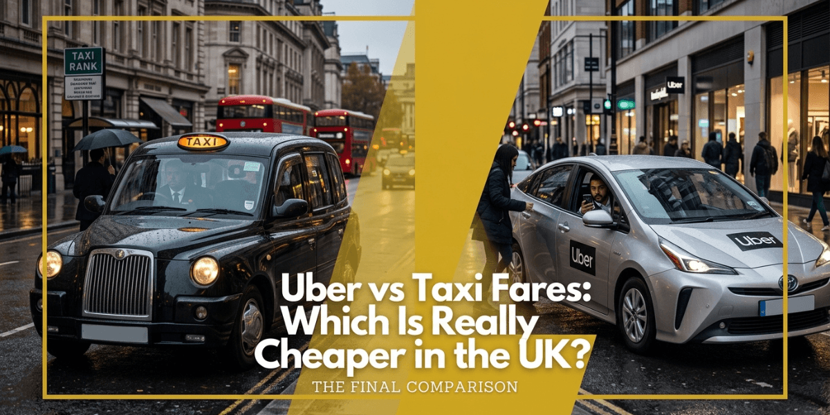 Uber and taxi fare comparison on UK city street.