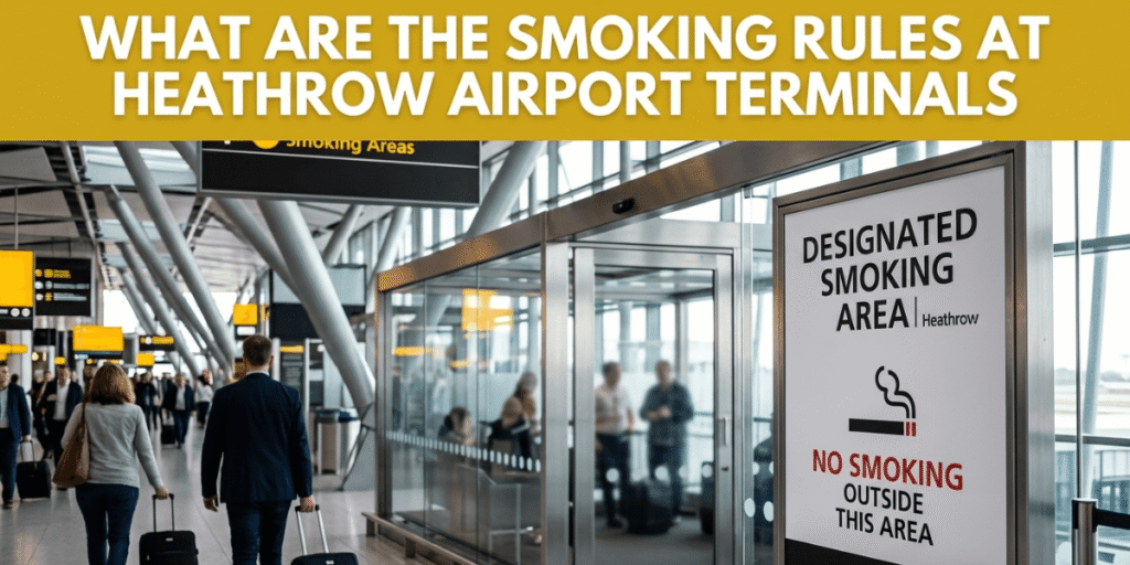 Passengers walking through Heathrow Airport terminal near a designated smoking area sign explaining smoking rules and restrictions inside the airport.