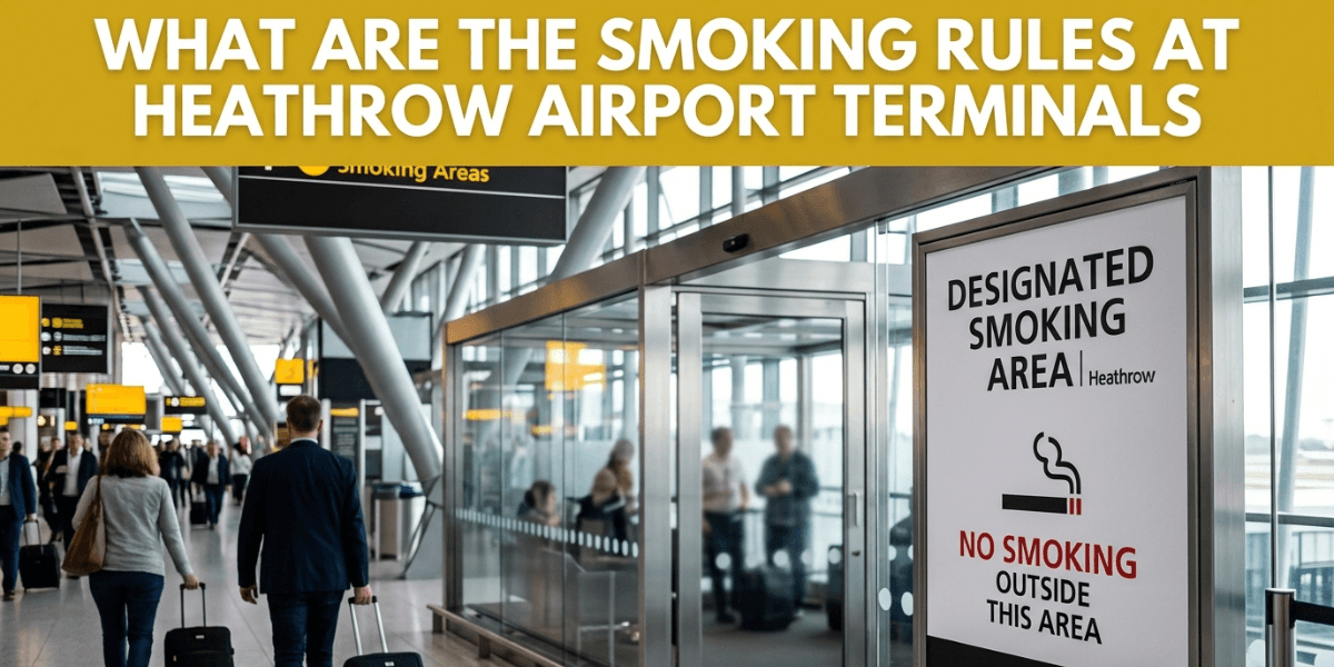 Passengers walking through Heathrow Airport terminal near a designated smoking area sign explaining smoking rules and restrictions inside the airport.
