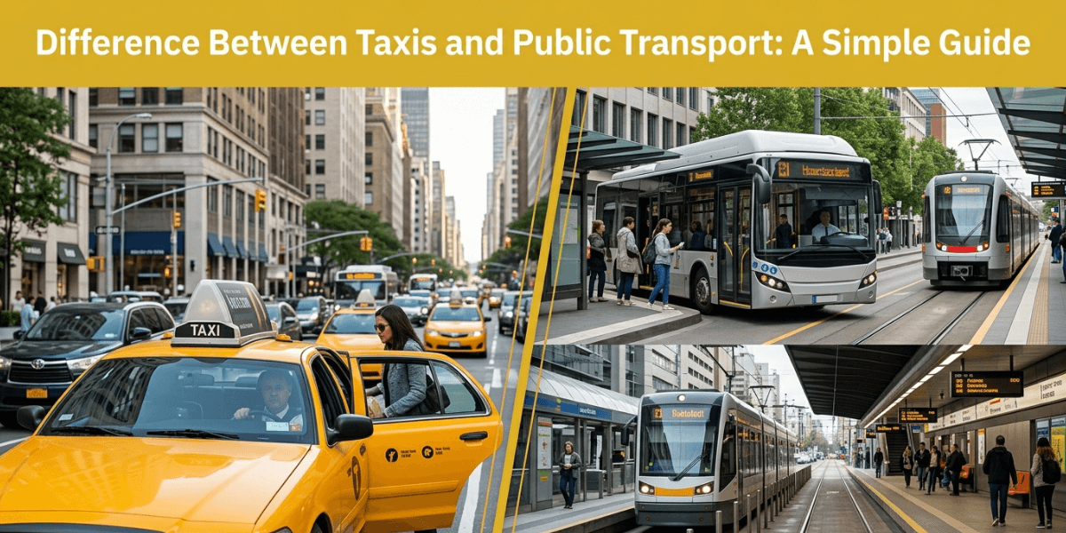 Taxi and public transport comparison showing a taxi, bus, and tram in an urban city setting.