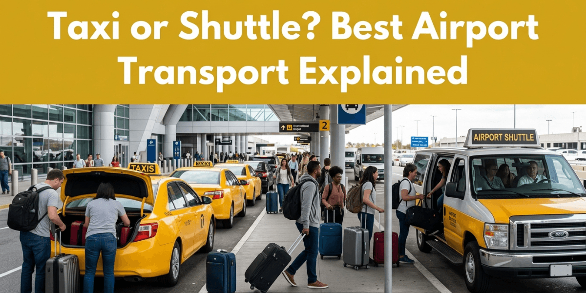 Airport taxi and shuttle service comparison with travelers and luggage at an airport terminal.