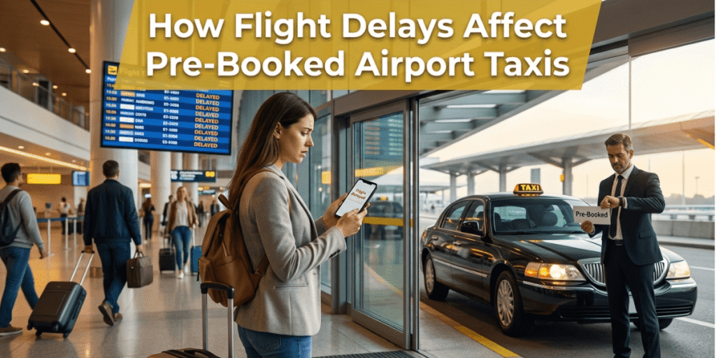 Pre-booked airport taxi waiting for a passenger despite a flight delay
