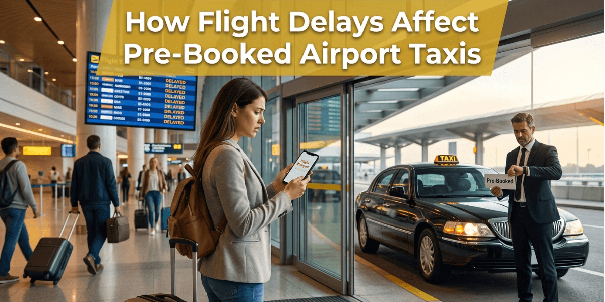 Pre-booked airport taxi waiting for a passenger despite a flight delay