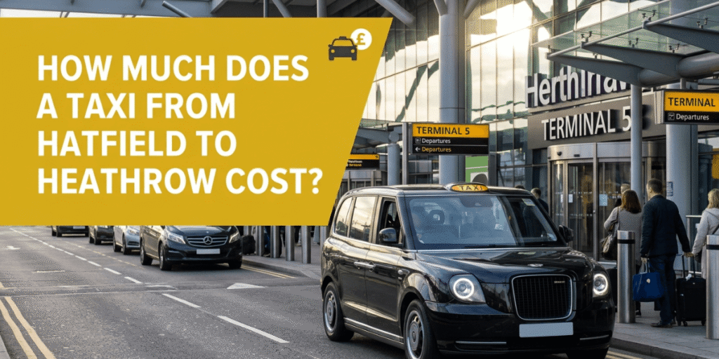 Black taxi travelling from Hatfield to Heathrow Airport