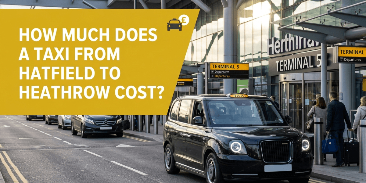 Black taxi travelling from Hatfield to Heathrow Airport