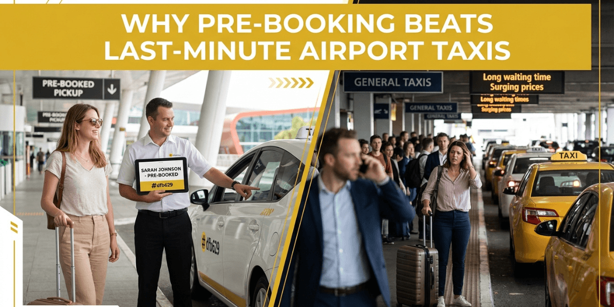 Pre-booked airport taxi waiting for passengers outside an airport terminal
