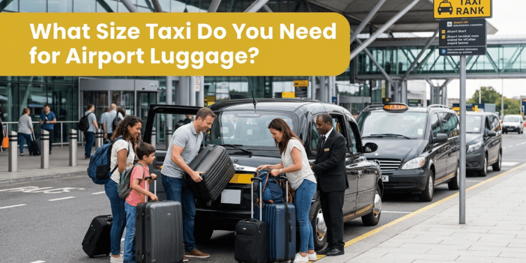 A comparison of taxi sizes with luggage, illustrating space for airport bags and passengers.