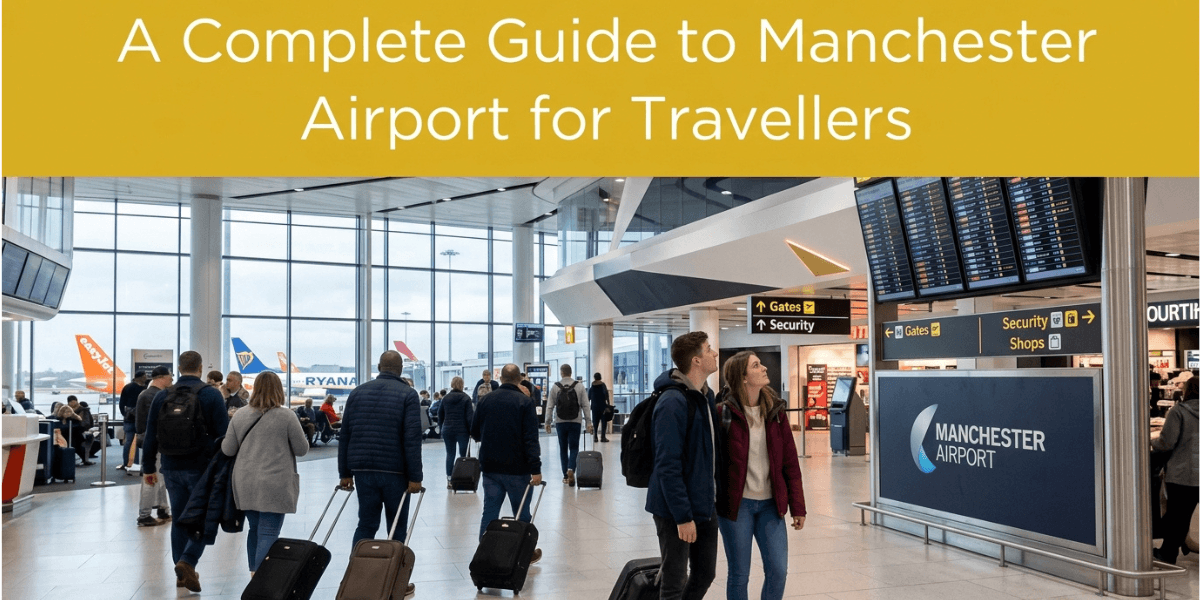 Manchester Airport terminal bustling with travelers, showcasing check-in counters and departure screens.