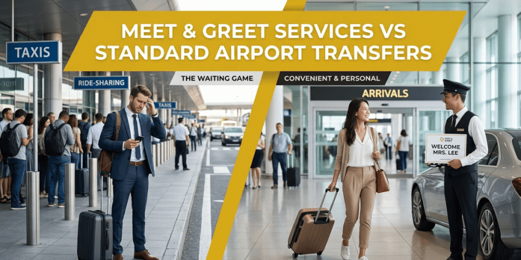 Comparison of meet & greet services and standard airport transfers, highlighting differences in convenience and personal assistance.