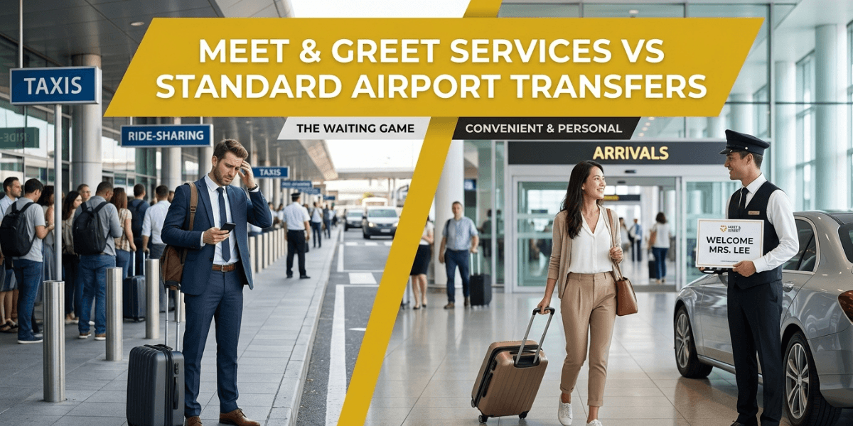 Comparison of meet & greet services and standard airport transfers, highlighting differences in convenience and personal assistance.