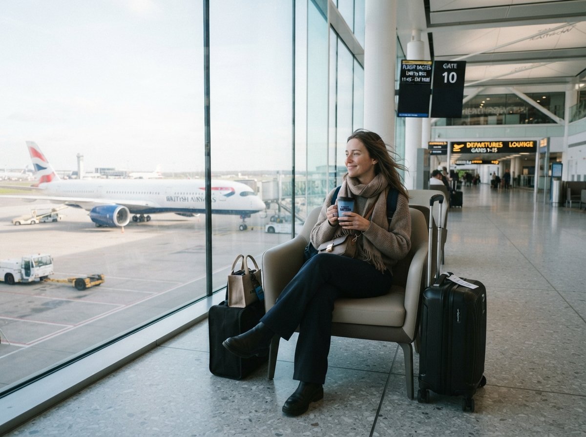 A woman seated in an airport chair, resting beside her luggage, with a focused expression as she waits.