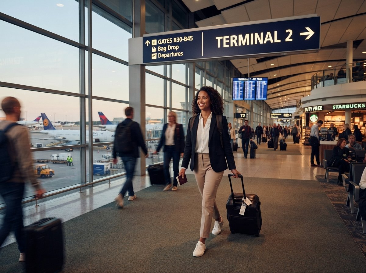 An airport scene showcasing numerous people moving about, some checking in and others waiting near departure gates.
