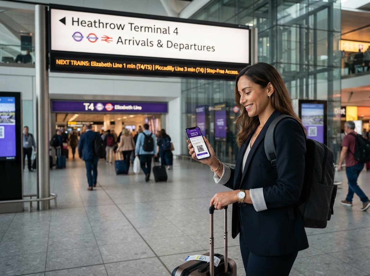 A woman sitting in an airport terminal, her luggage beside her, looking at her phone while waiting.