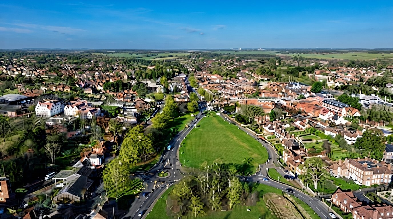 Aerial view of a town surrounded by a lush green field, showcasing buildings and open spaces in harmony with nature.