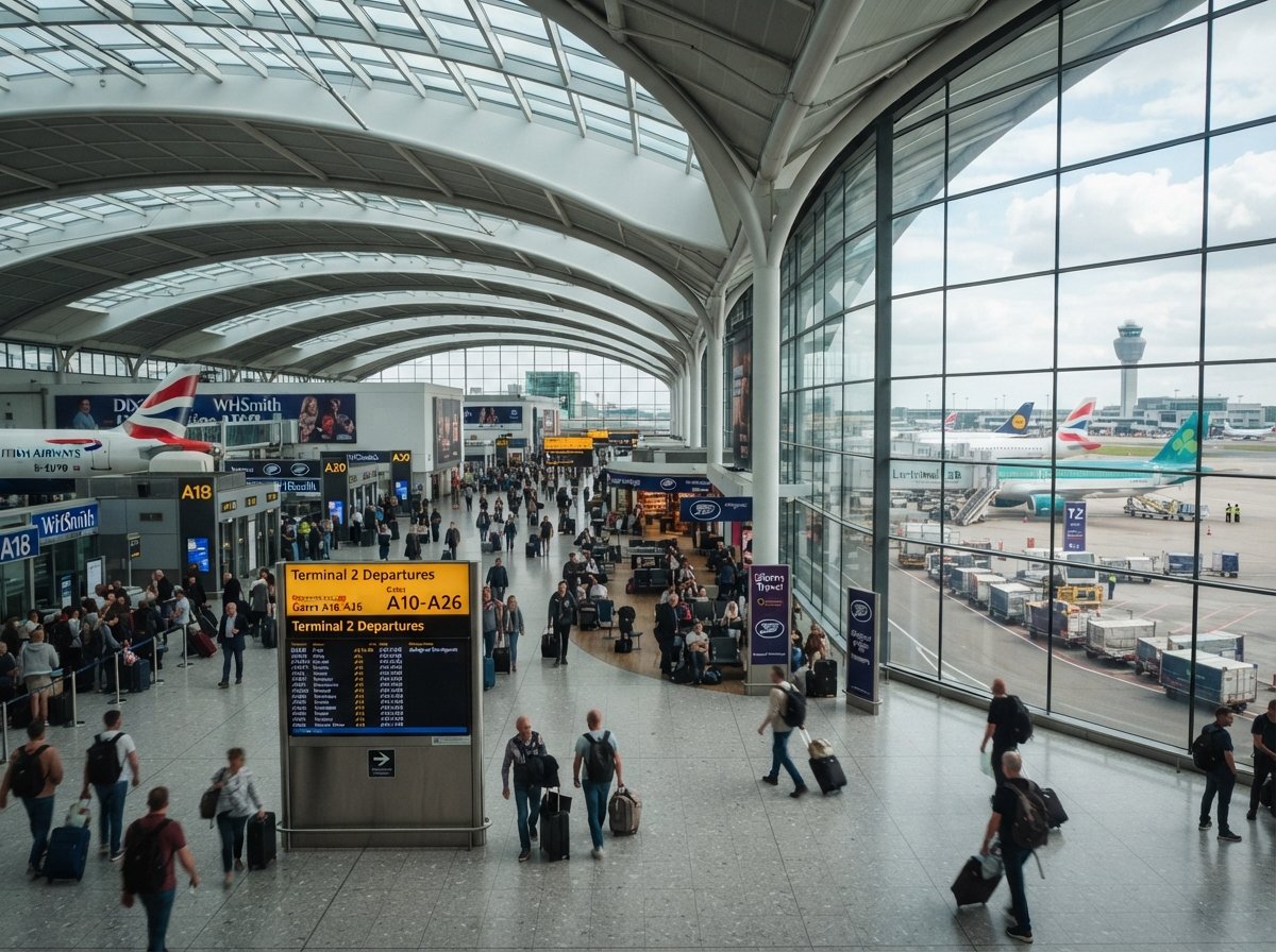 Crowds of passengers navigating through a bustling airport, with signs and shops visible in the background.