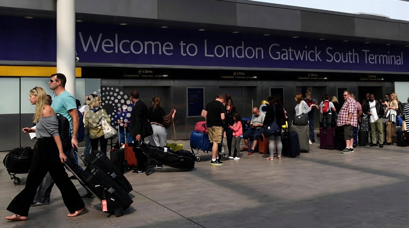 A panoramic view of London Gatwick Airport, featuring busy terminals, departing flights, and travelers moving through the space.